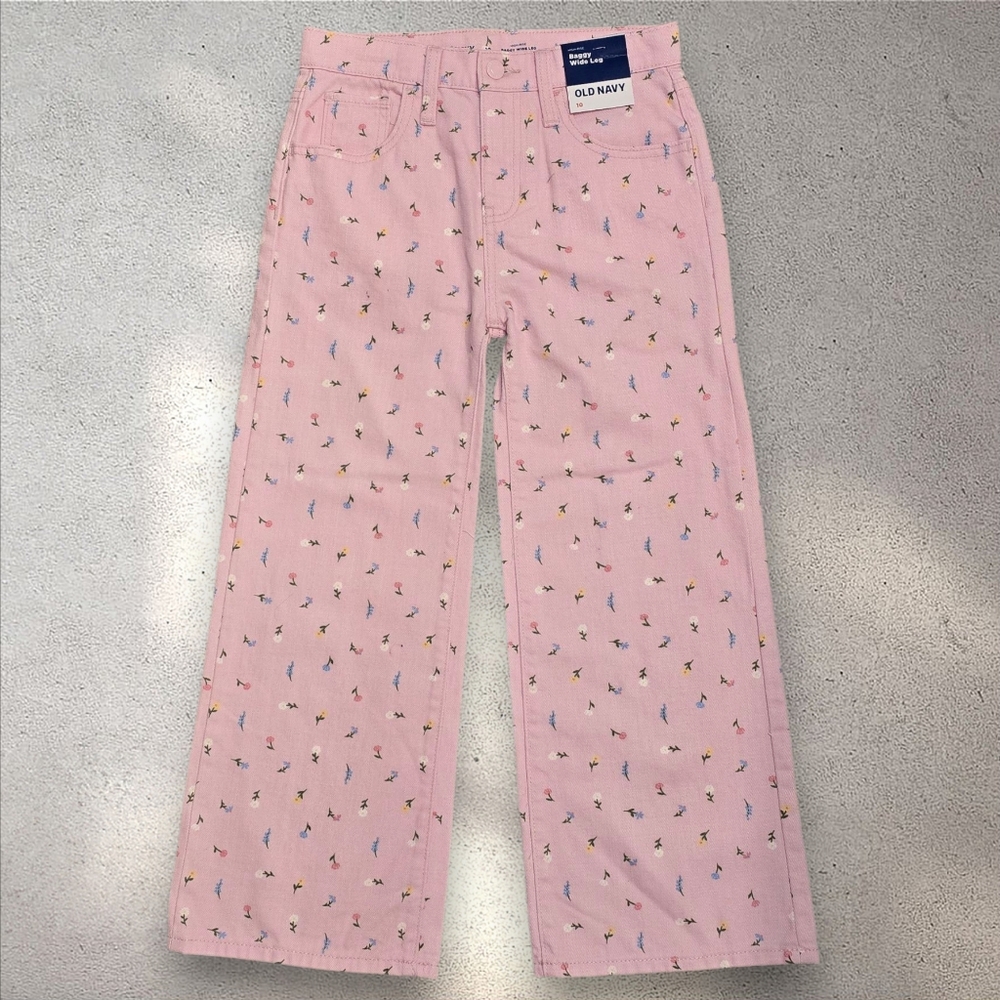 Old Navy Pastel Pink Floral High-Waisted Baggy Wide-Leg Jeans Girls Size 10 - Picture 4 of 10